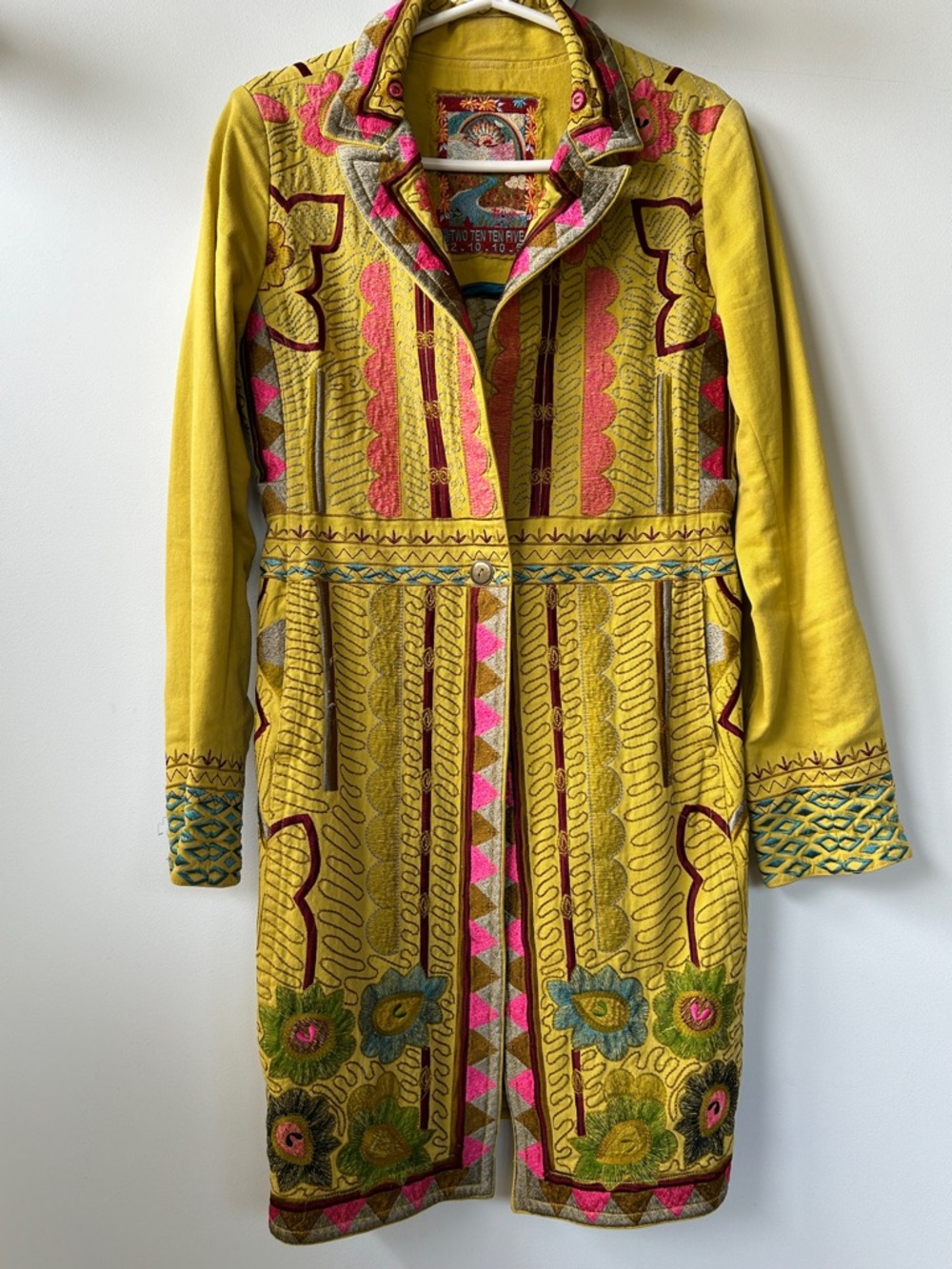 Vintage Embroidered Chartreuse & Pink Women's Denim Duster